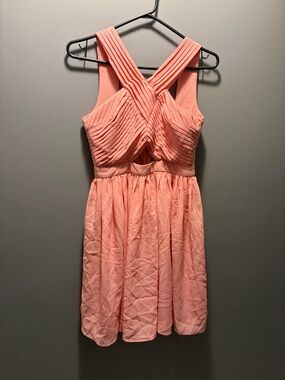 Minuet Petite Coral Pink Pleated Cross-Front Mini Dress